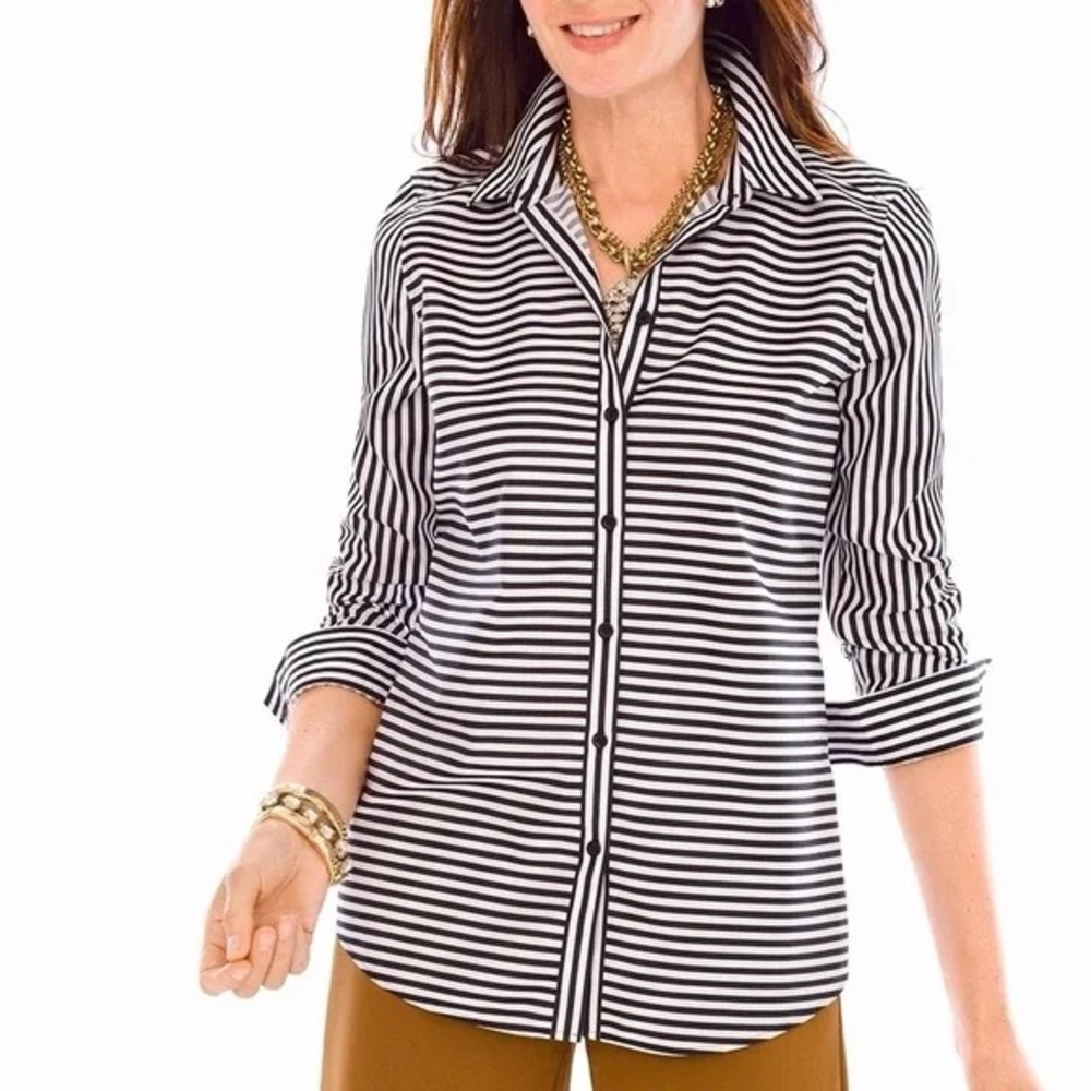 Chico’s No-Iron Horizontal Stripe Shirt Women’s Sz 1 Button Front Poplin Classic